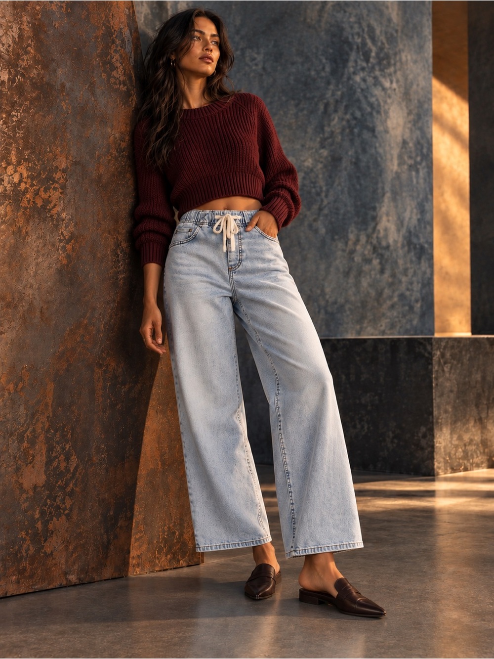 GAP Light Wash Pull On Wide Leg Drawstring Jeans, XS Petite